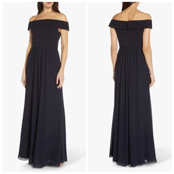 NWT Adrianna Papell Gown Dress Size 4 Navy Blue Off Shoulder Crepe Chiffon Maxi - Picture 1 of 10